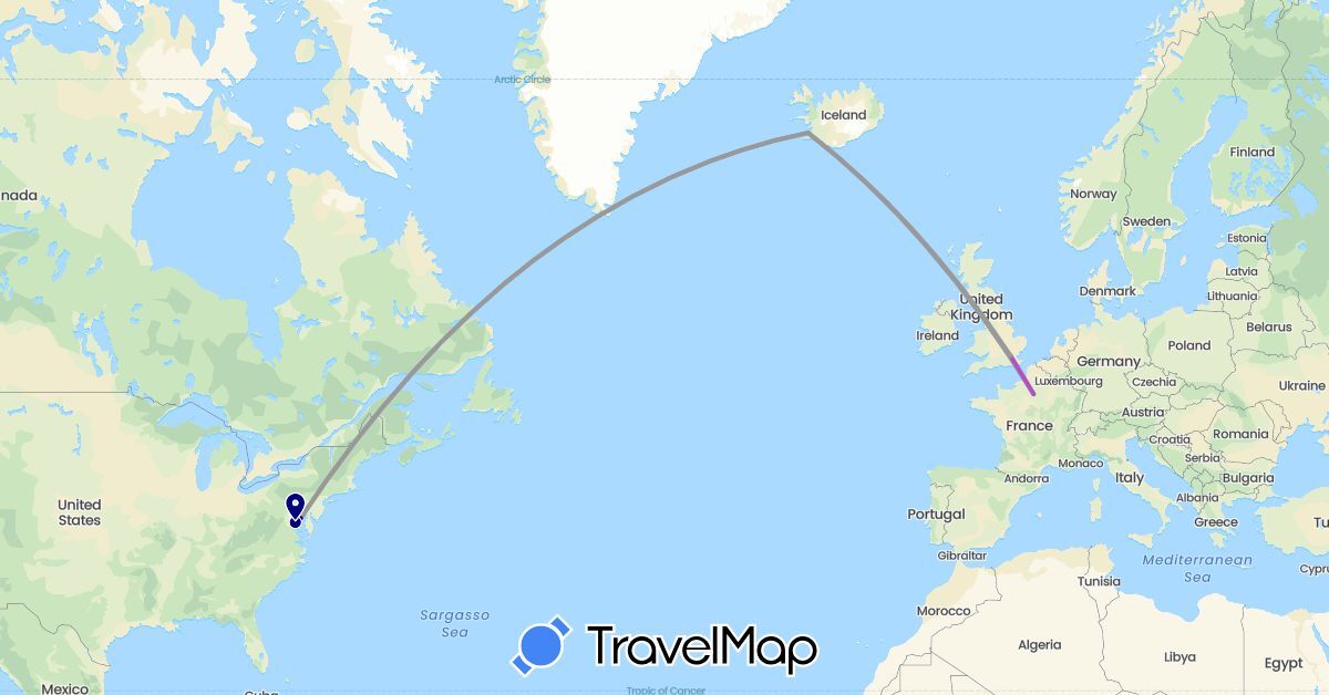 TravelMap itinerary: driving, plane, train in France, United Kingdom, Iceland, United States (Europe, North America)